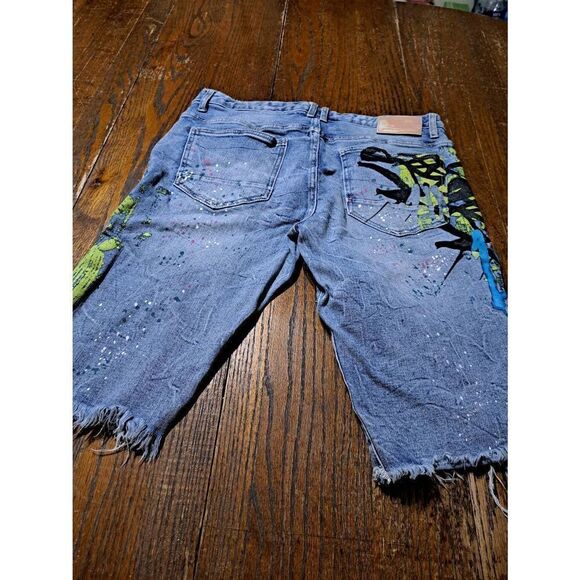 Size 34 Smoke Rise Graffiti Distressed Destroyed  Denim Jean Shorts Streetwear - Picture 5 of 7